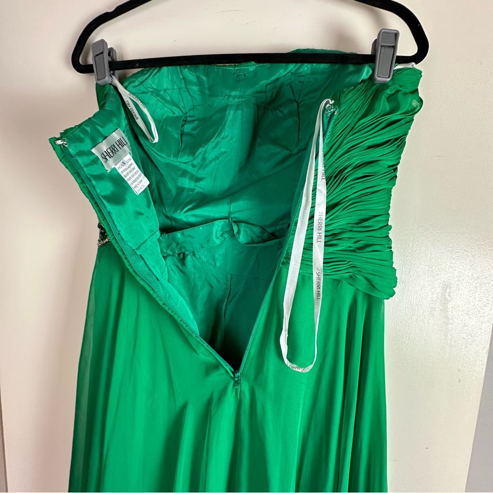 Sherri Hill EmeraldGreen Strapless PleatedTop Rhinestone/Jeweled Chiffon Dress 4 - Picture 6 of 16